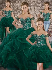 Adorable Green Ball Gowns Sweetheart Sleeveless Tulle Sweep Train Lace Up Beading and Ruffles 15th Birthday Dress