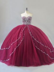 Brush Train Ball Gowns Sweet 16 Dresses Burgundy Sweetheart Tulle Sleeveless Lace Up