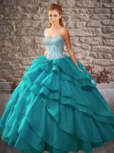 Modern Organza Sweetheart Sleeveless Lace Up Beading and Ruffled Layers 15th Birthday Dress in Teal