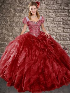 Deluxe Wine Red Sweet 16 Dresses Military Ball and Sweet 16 and Quinceanera with Beading and Ruffles Sweetheart Sleevele