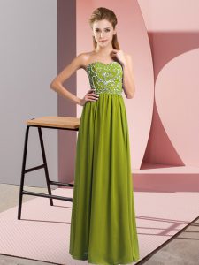 Enchanting Olive Green Sleeveless Beading Floor Length Prom Evening Gown