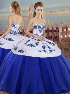 Unique Floor Length Royal Blue 15 Quinceanera Dress Tulle Sleeveless Embroidery