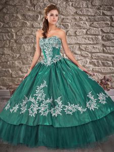 Artistic Green Ball Gowns Strapless Sleeveless Taffeta Floor Length Lace Up Appliques Sweet 16 Quinceanera Dress