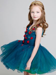 Stylish Teal Organza Zipper V-neck Sleeveless Mini Length Toddler Flower Girl Dress Lace and Appliques