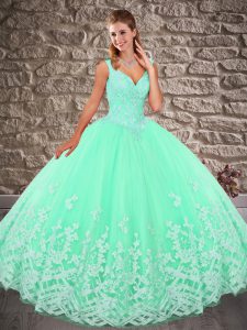 Suitable Sleeveless Brush Train Appliques Lace Up Sweet 16 Dresses
