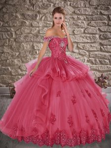 High Quality Coral Red Tulle Lace Up Vestidos de Quinceanera Sleeveless Floor Length Beading and Lace
