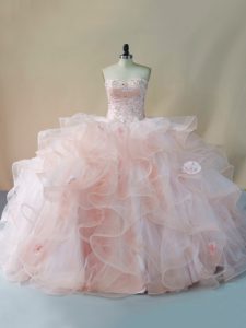 Sweetheart Sleeveless Brush Train Lace Up Vestidos de Quinceanera Pink Tulle