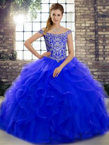 Elegant Royal Blue Off The Shoulder Neckline Beading and Ruffles Quinceanera Dresses Sleeveless Lace Up