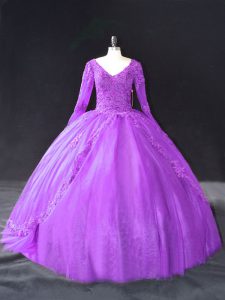 Fitting Lace and Appliques Vestidos de Quinceanera Purple Lace Up Long Sleeves Floor Length