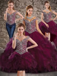 Captivating Dark Purple Cap Sleeves Tulle Brush Train Lace Up Sweet 16 Quinceanera Dress for Military Ball and Sweet 16 