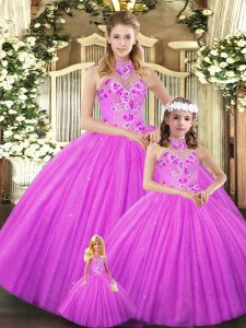 Popular Halter Top Sleeveless Tulle Quinceanera Dresses Embroidery Lace Up