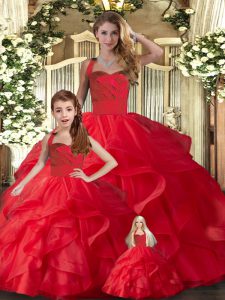 Halter Top Sleeveless Quince Ball Gowns Floor Length Ruffles Red Tulle