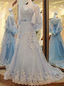 Light Blue A-line Scoop Long Sleeves Tulle Court Train Lace Up Lace and Appliques and Belt Prom Dress