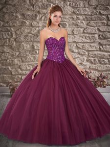Inexpensive Dark Purple Tulle Lace Up Sweet 16 Quinceanera Dress Sleeveless Floor Length Beading
