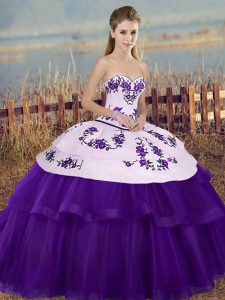 Floor Length White And Purple Sweet 16 Dresses Sweetheart Sleeveless Lace Up
