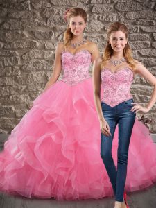 High Class Rose Pink Sleeveless Beading and Ruffles Lace Up Sweet 16 Dress