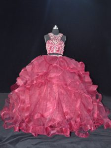 Low Price Burgundy Sleeveless Organza Brush Train Backless Quinceanera Dresses for Sweet 16 and Quinceanera