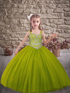 Unique Sweep Train Ball Gowns Pageant Gowns For Girls Olive Green Straps Tulle Sleeveless Lace Up