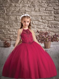 Fuchsia Sleeveless Tulle Sweep Train Criss Cross Pageant Dress for Wedding Party
