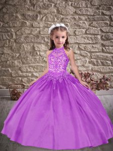 Lavender Satin Lace Up Custom Made Pageant Dress Sleeveless Sweep Train Beading and Appliques