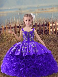 Straps Sleeveless Sweep Train Lace Up Pageant Dress for Teens Purple Fabric With Rolling Flowers