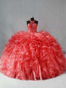 Brush Train Ball Gowns Vestidos de Quinceanera Coral Red Halter Top Organza Sleeveless Zipper