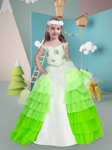 Multi-color Tulle Zipper Off The Shoulder Sleeveless Floor Length Custom Made Pageant Dress Beading and Ruffled Layers