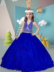 Royal Blue Halter Top Zipper Beading and Pleated Little Girls Pageant Dress Sleeveless