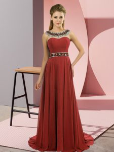 Rust Red Sleeveless Chiffon Brush Train Zipper Prom Dress for Prom and Party