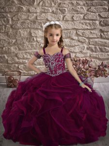 Burgundy Lace Up Straps Beading and Ruffles Little Girl Pageant Dress Tulle Sleeveless Sweep Train
