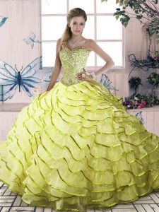 Comfortable Yellow Green Organza Lace Up Halter Top Sleeveless Quinceanera Gowns Brush Train Beading and Ruffled Layers