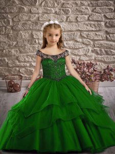 Beautiful Green Lace Up Off The Shoulder Beading and Ruffled Layers Child Pageant Dress Tulle Cap Sleeves Sweep Train