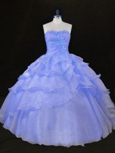 Sweetheart Sleeveless Sweet 16 Quinceanera Dress Floor Length Ruffles and Hand Made Flower Blue and Lavender Organza