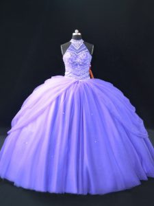 Flare Lavender Quinceanera Dress Sweet 16 and Quinceanera with Beading Halter Top Sleeveless Lace Up