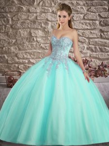 Trendy Apple Green Lace Up 15 Quinceanera Dress Appliques Sleeveless Floor Length