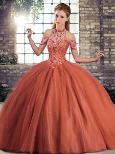 Adorable Rust Red Tulle Lace Up Halter Top Sleeveless Quinceanera Gowns Brush Train Beading