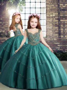 Ball Gowns Pageant Dresses Teal Straps Tulle Sleeveless Floor Length Lace Up