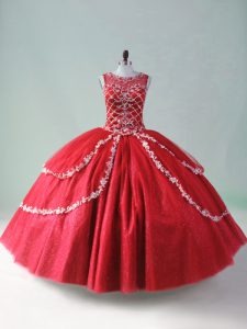 Luxurious Red Ball Gowns Scoop Sleeveless Tulle Floor Length Zipper Beading and Appliques 15 Quinceanera Dress