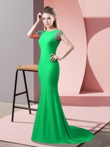 New Arrival Green Short Sleeves Brush Train Beading Prom Evening Gown