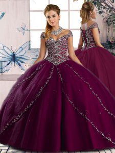 Modern Purple Cap Sleeves Brush Train Beading Quince Ball Gowns