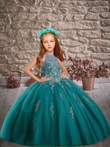 Admirable Teal Lace Up Girls Pageant Dresses Beading Sleeveless Sweep Train