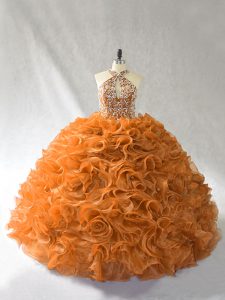 Halter Top Sleeveless Quinceanera Gown Brush Train Beading and Ruffles Orange and Brown Organza