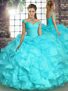 Fine Aqua Blue Ball Gowns Organza Off The Shoulder Sleeveless Beading and Ruffles Floor Length Lace Up Sweet 16 Quincean
