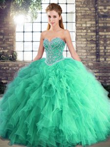 Turquoise Sleeveless Tulle Lace Up 15 Quinceanera Dress for Military Ball and Sweet 16 and Quinceanera