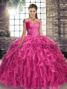 Custom Designed Organza Off The Shoulder Sleeveless Brush Train Lace Up Beading and Ruffles 15 Quinceanera Dress in Fuch