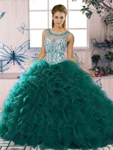 Peacock Green Organza Lace Up Sweet 16 Dress Sleeveless Floor Length Beading and Ruffles