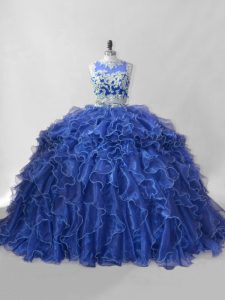 Blue Organza Zipper Scoop Sleeveless 15th Birthday Dress Brush Train Beading and Ruffles
