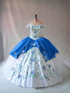 Off The Shoulder Sleeveless Lace Up 15th Birthday Dress Blue And White Organza