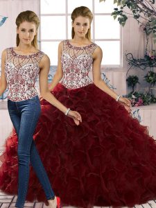 Delicate Burgundy Sleeveless Organza Lace Up Quinceanera Dress for Military Ball and Sweet 16 and Quinceanera
