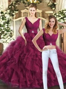 Sexy Floor Length Backless Quinceanera Gown Burgundy for Military Ball and Sweet 16 and Quinceanera with Beading and Ruf